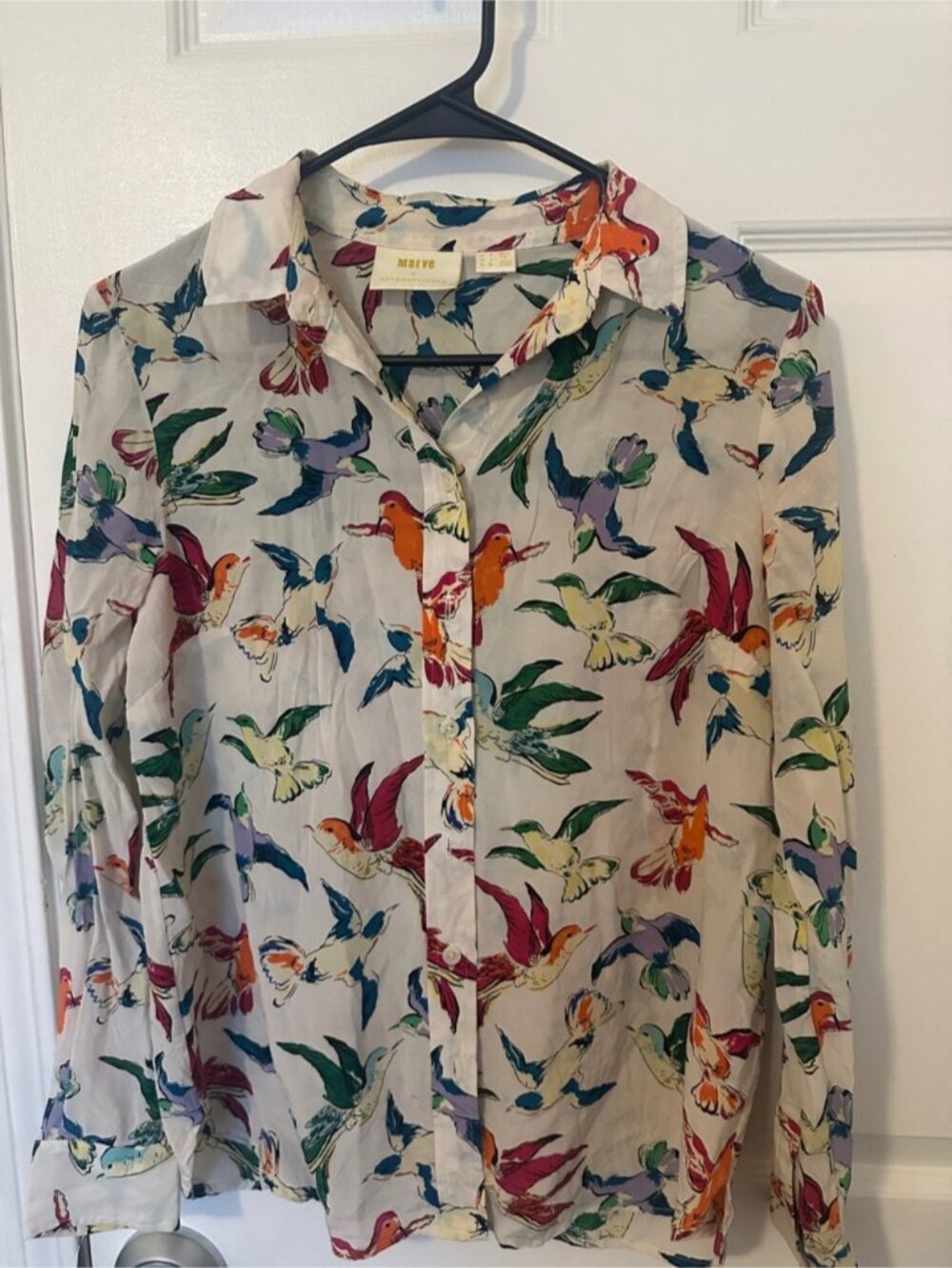 Anthropologie-Maeve Cream Blouse with Colorful Bird Print - Picture 5 of 8